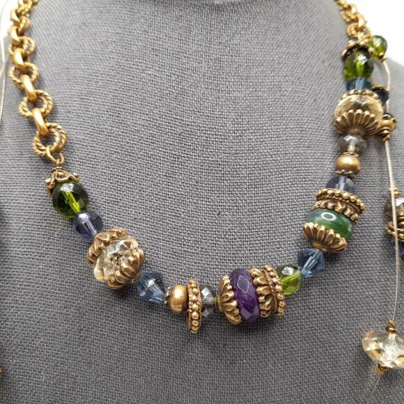 Chico's Three Strand Rhinestone Layering Necklace, Green Purple Beads, 19 Inches - Picture 4 of 12